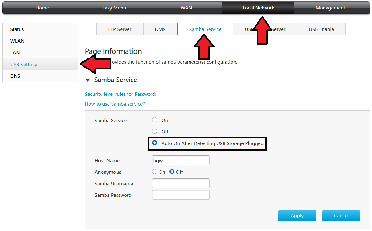 Samba activation settings